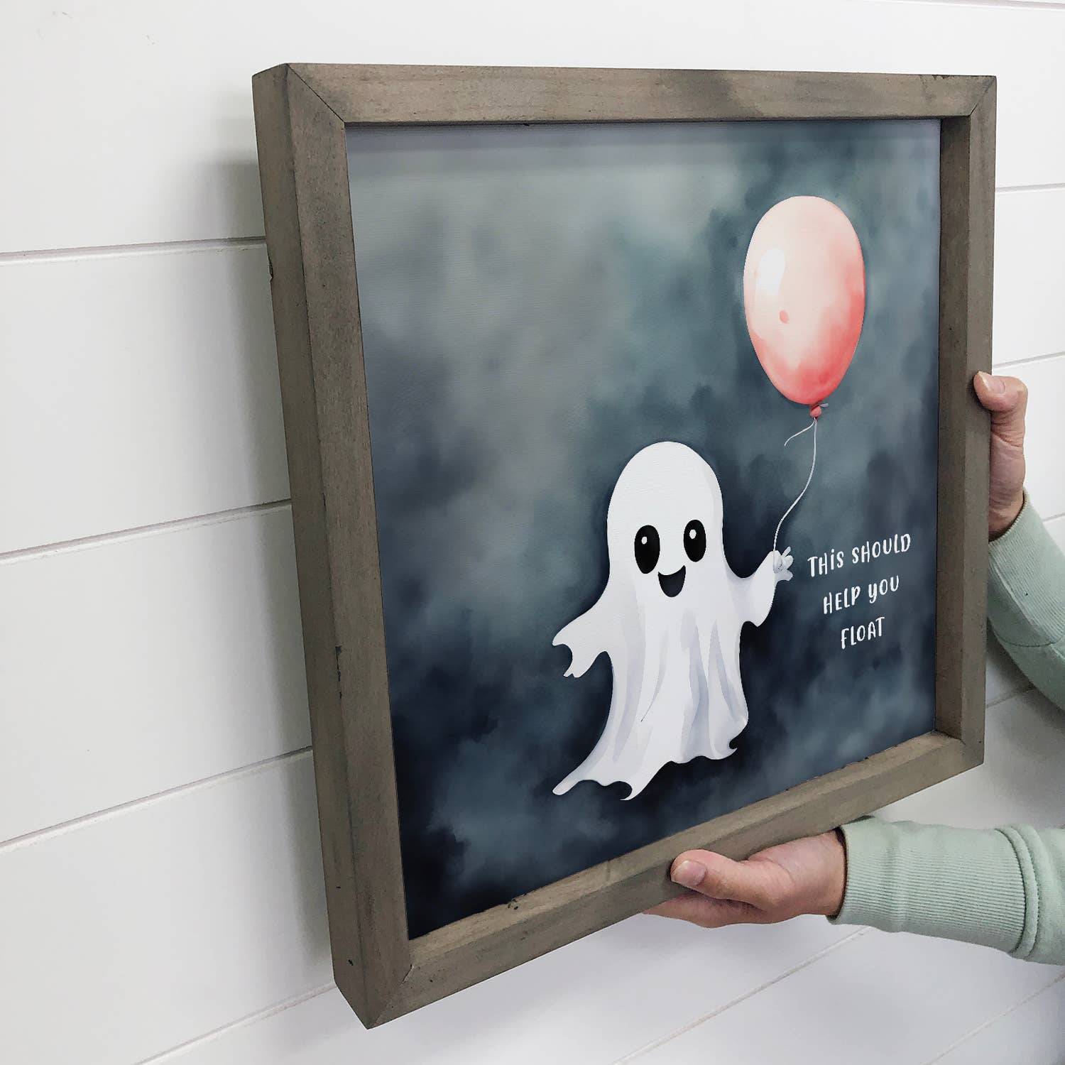Cute Ghost Holding a Balloon - Halloween Canvas Art - Framed