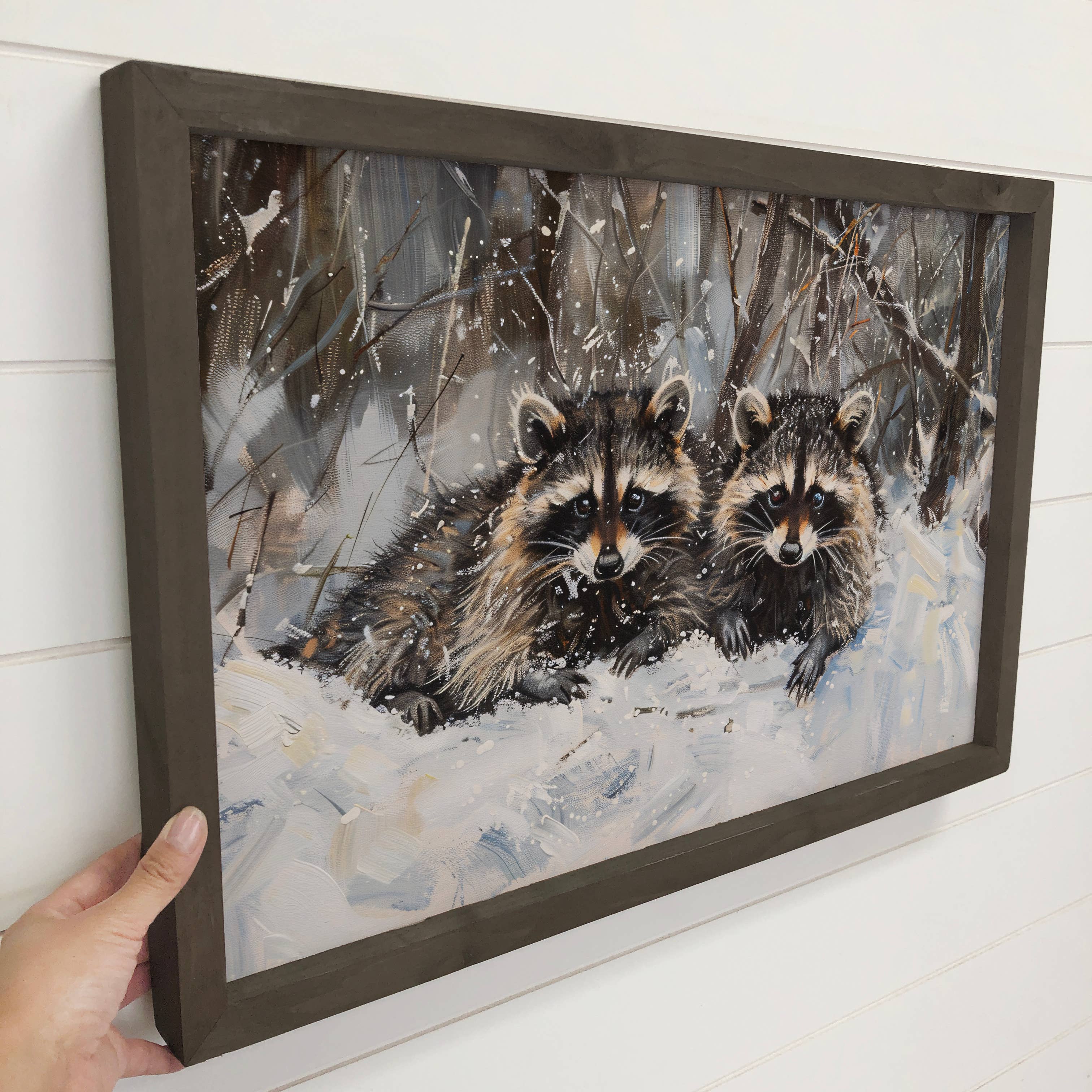 Two Racoons in Snow - Winter Animal Canvas Art - Cabin Decor