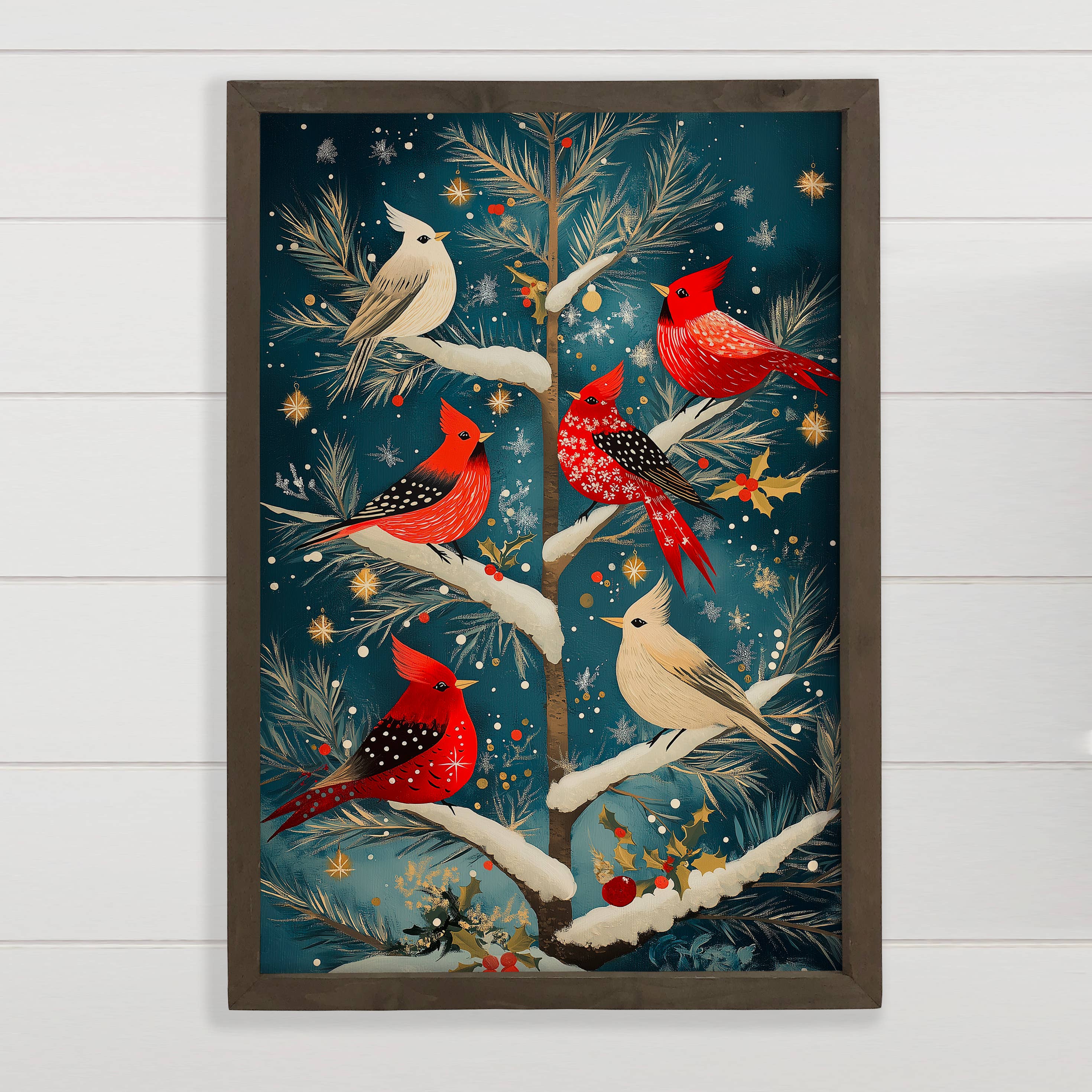 Cardinals in Tree - Winter Birds Painting - Wood Framed Art