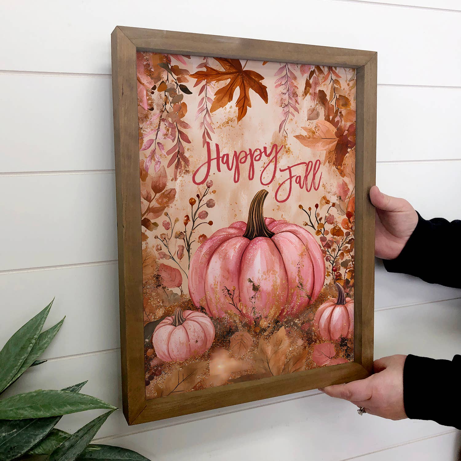 Happy Fall Pink Pumpkin - Fall Canvas Art - Wood Framed Art