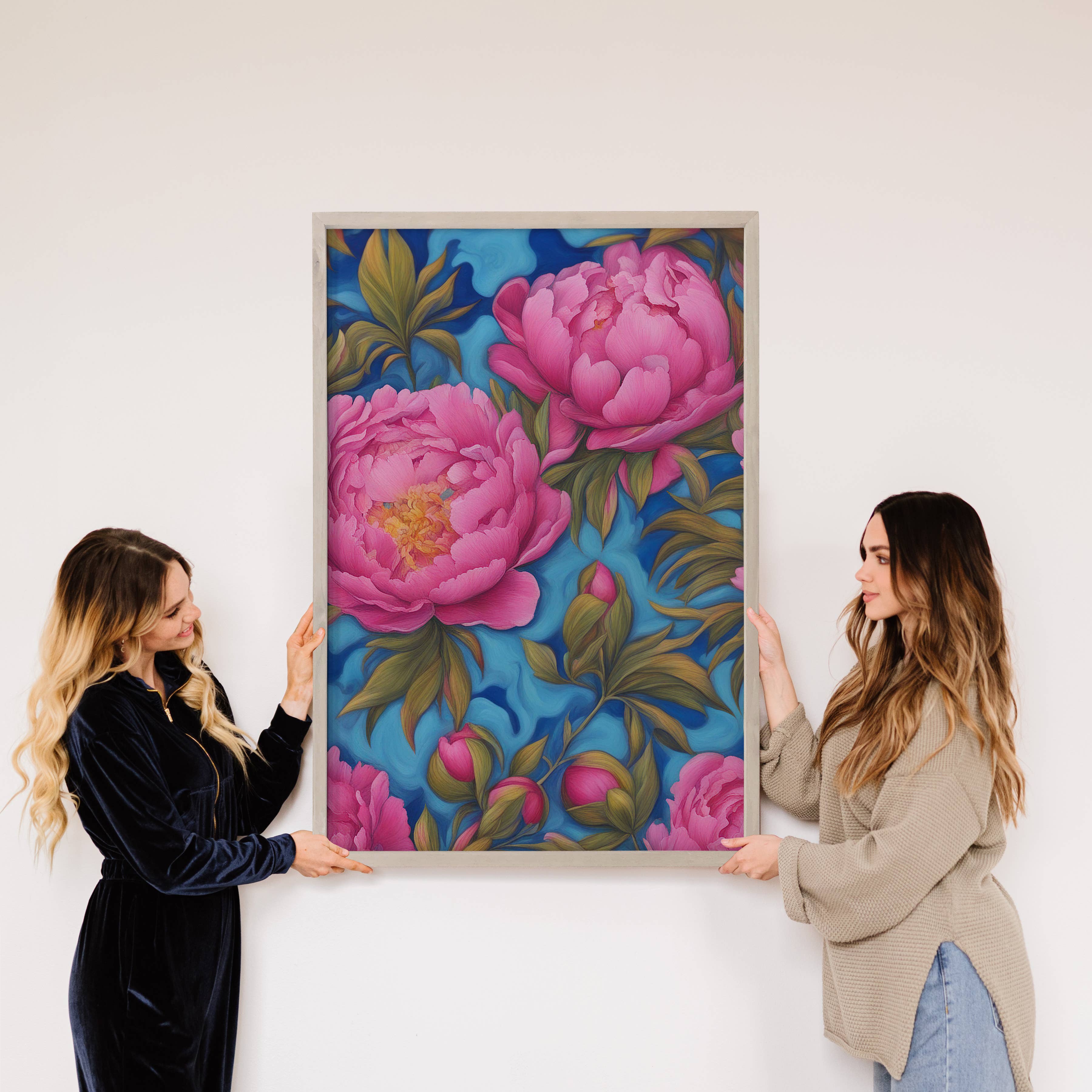 Pink Peonies Vivid Blue Background - Frame Floral Canvas Art
