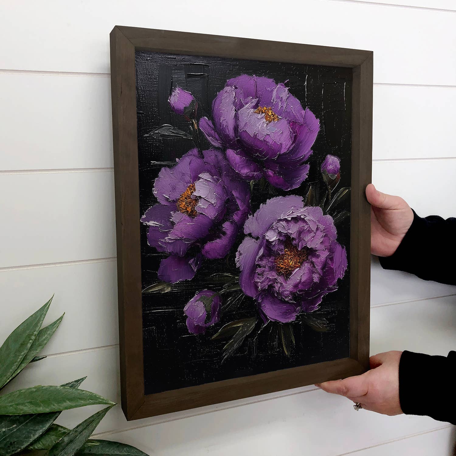 Purple Peonies on Black - Flower Canvas Art - Wood Framed