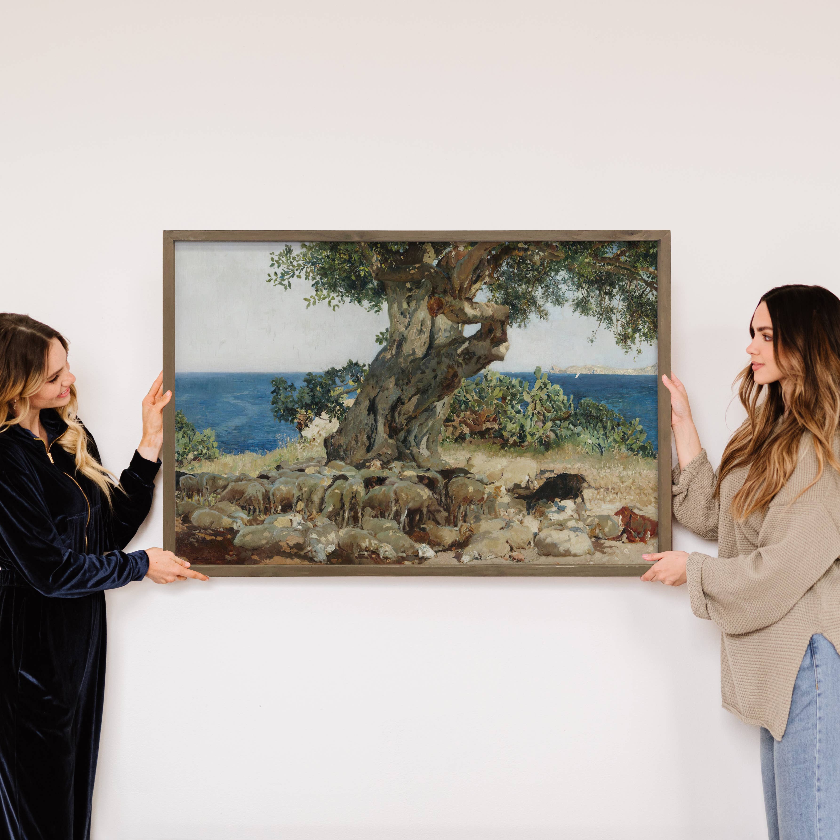 Livestock at the Seaside Tree - Nature Landscape Canvas Art