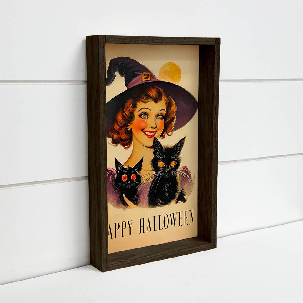 Vintage Witch Girl and Two Cats - Halloween Canvas Art