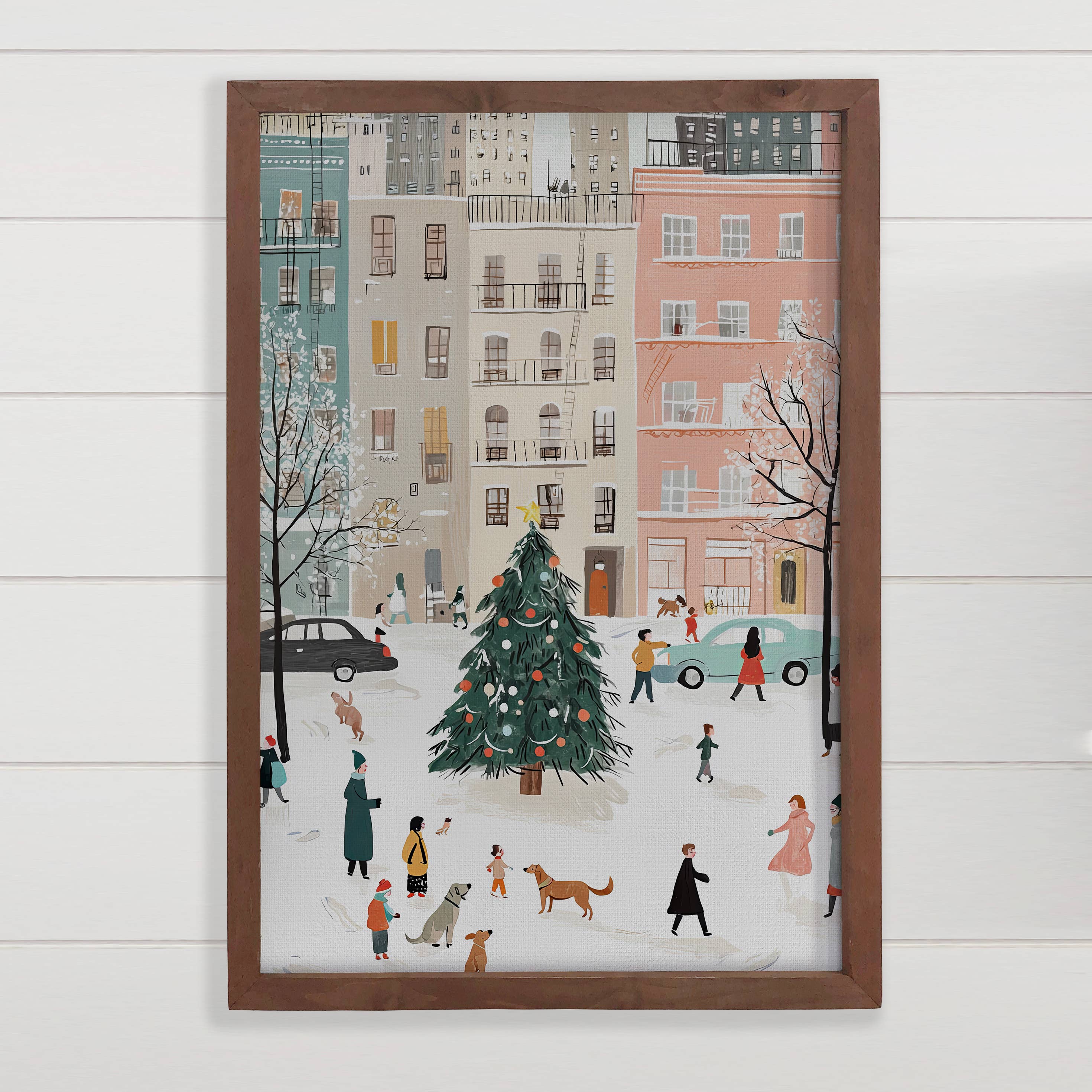 Christmas City People - City Holiday Wall Art - Wood Framed