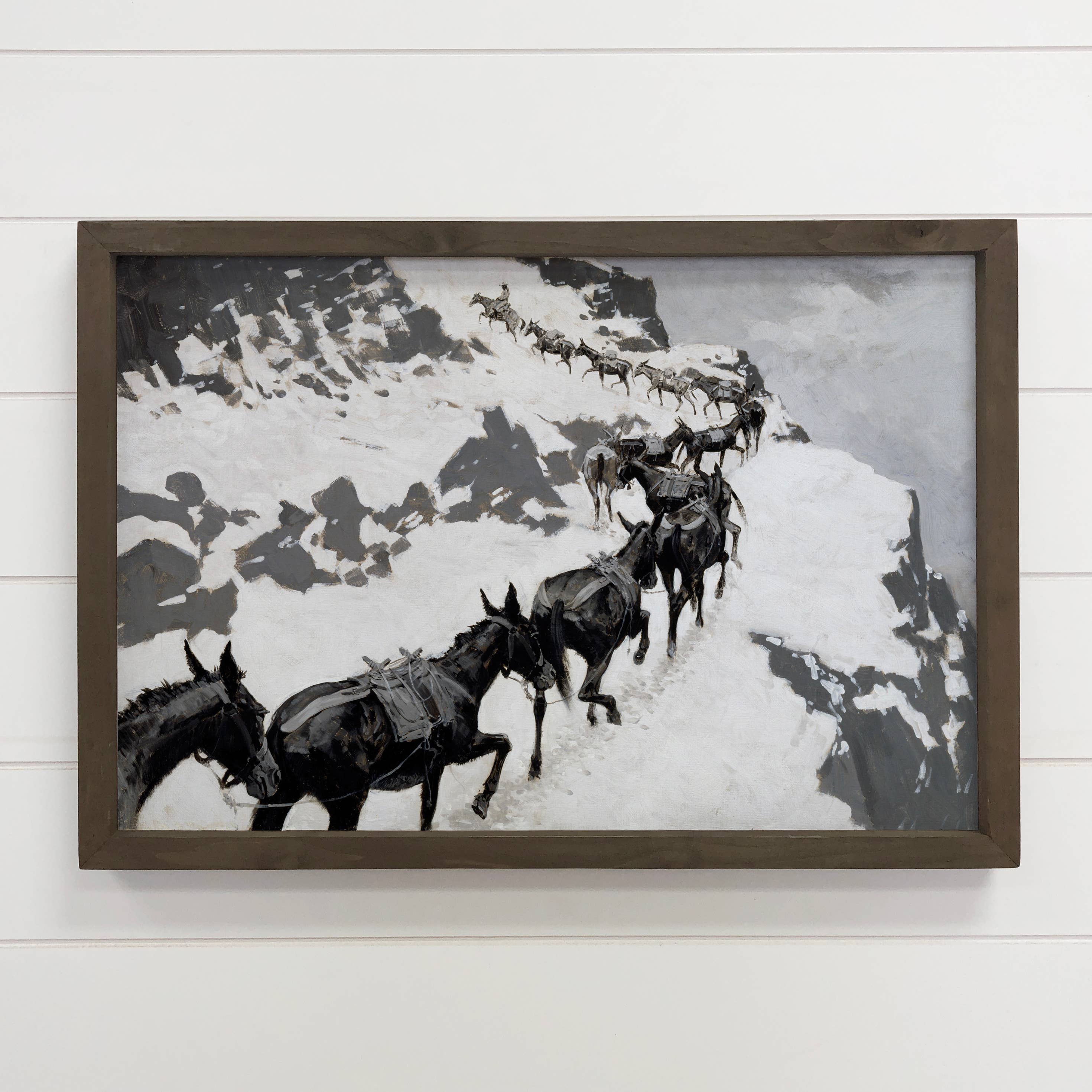 Mule Pack on Snowy Mountain - Cabin Canvas Art - Wood Framed