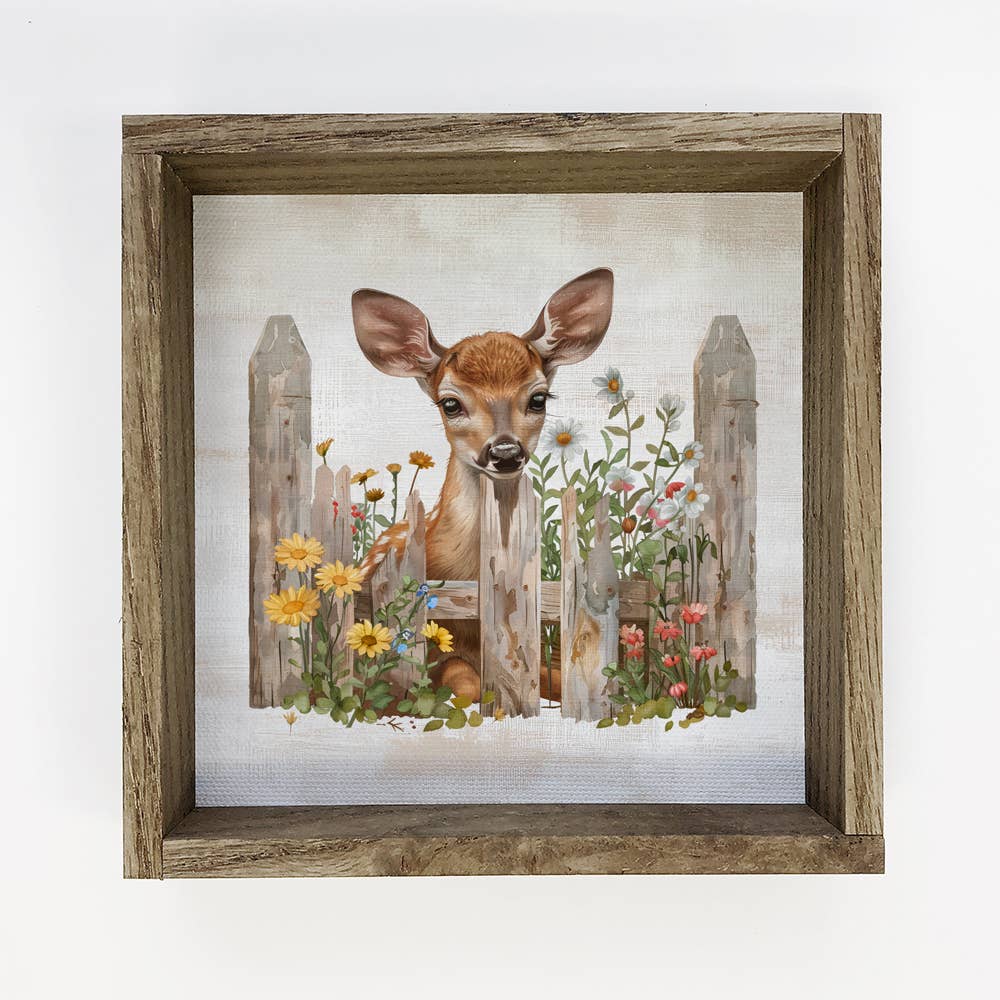 Deer Over Fence with Flowers - Deer Canvas Wall Art - Framed