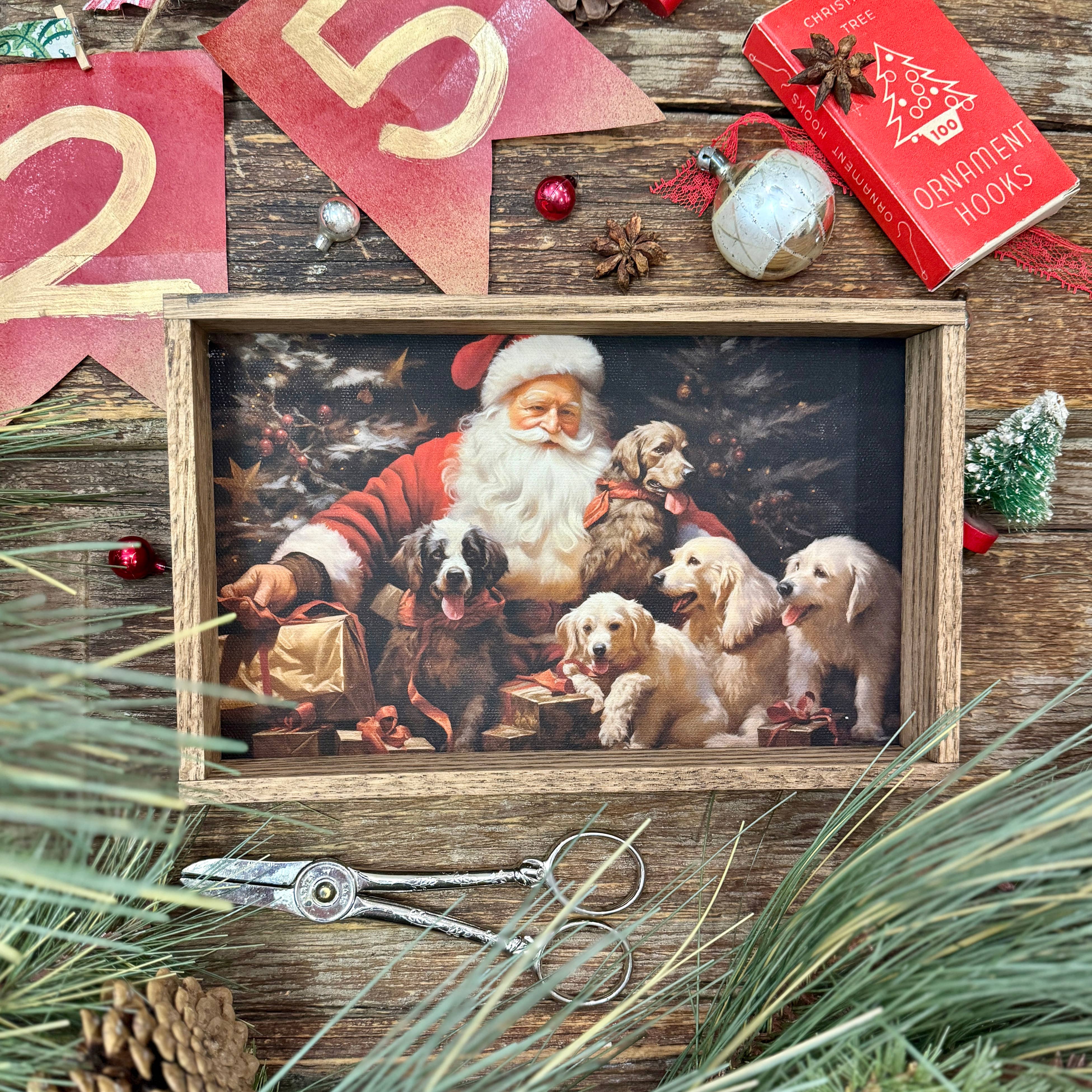 Santa with Dogs - Santa Canvas Art - Wood Framed Wall Art