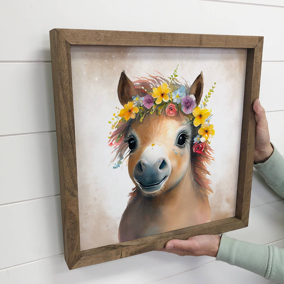 Cute Flower Horse - Nursey Art with Rustic Wood Sign