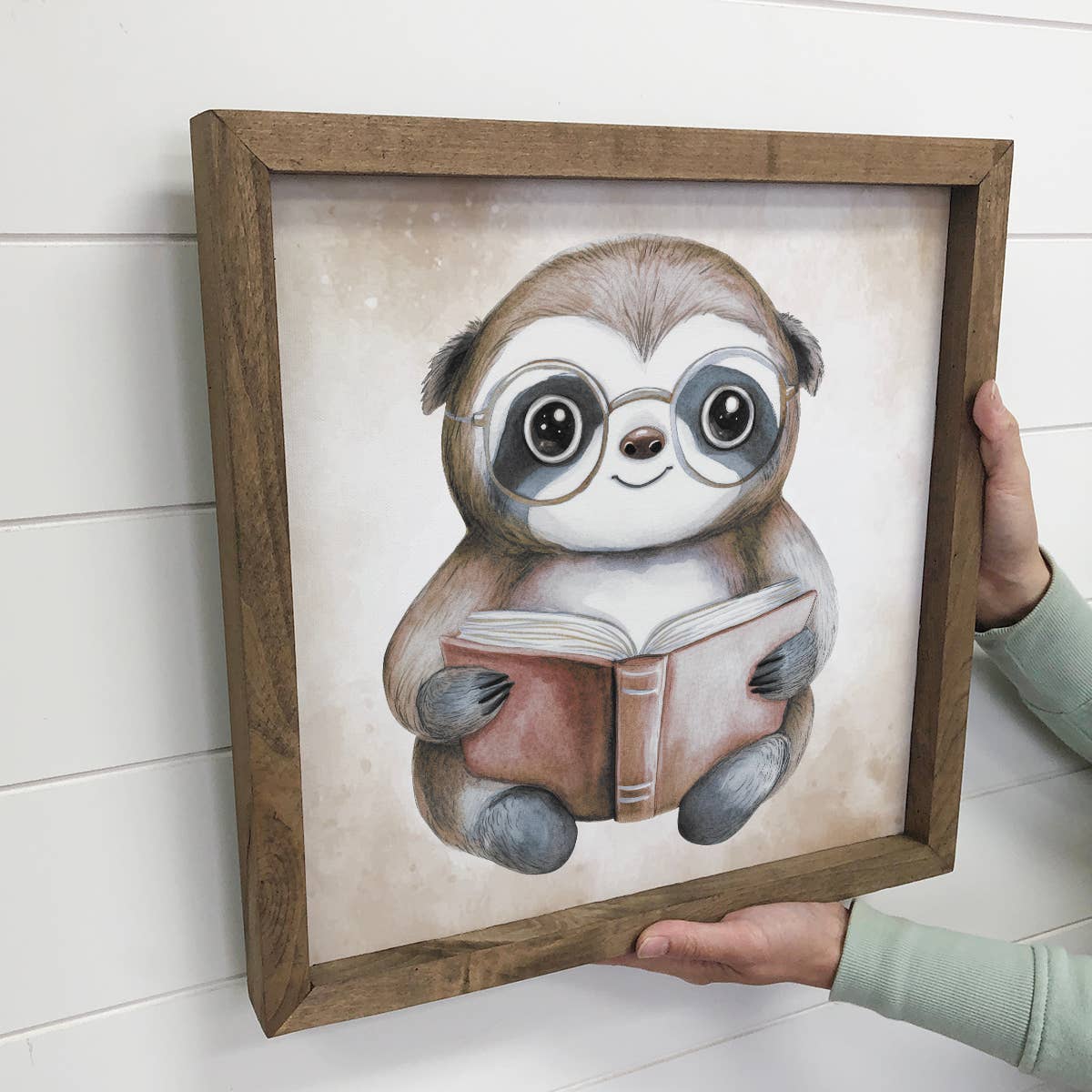 Sloth Reading Book - Cute Sloth Canvas Art - Wood Framed Art