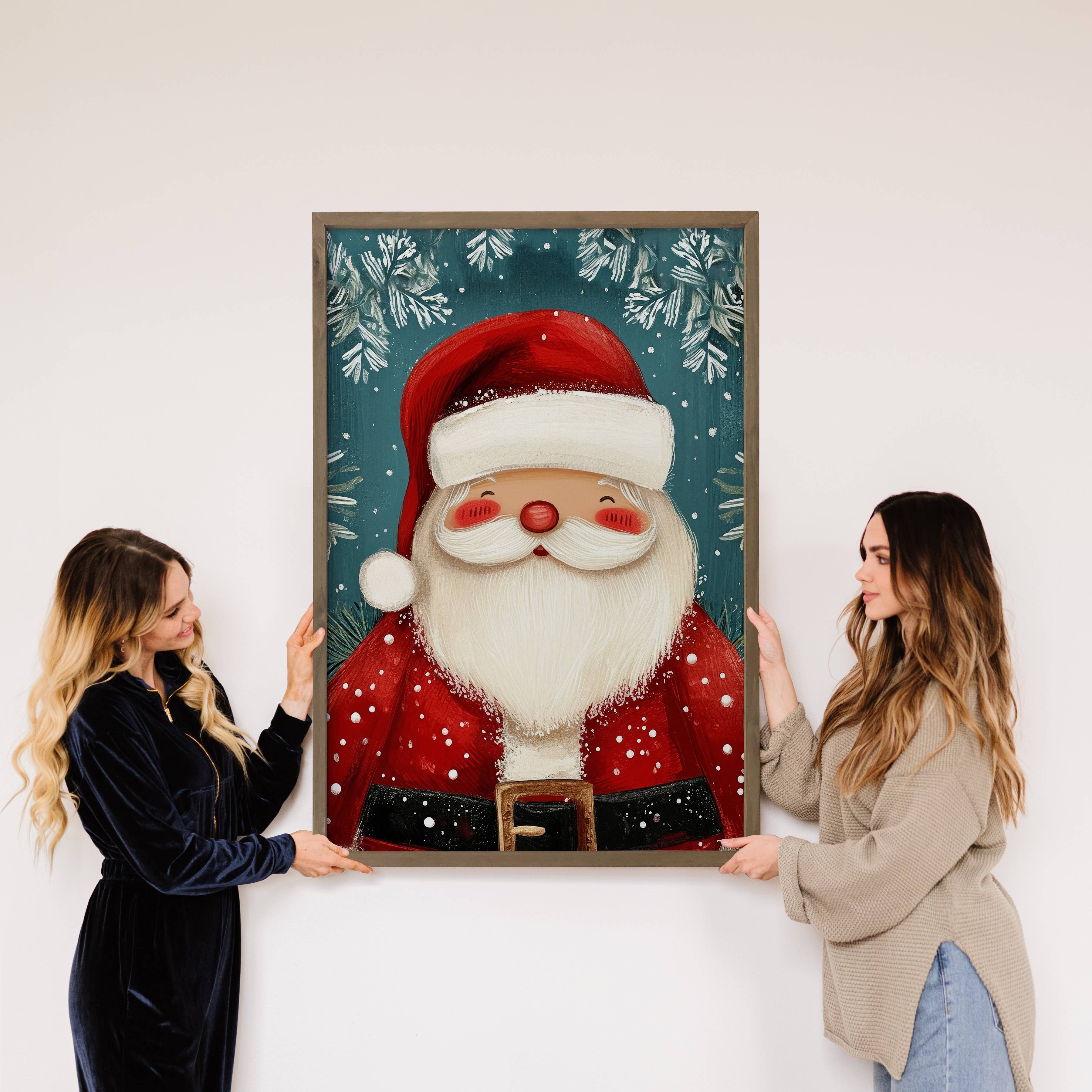 Cute Folksy Santa - Christmas Canvas Art - Wood Framed Art