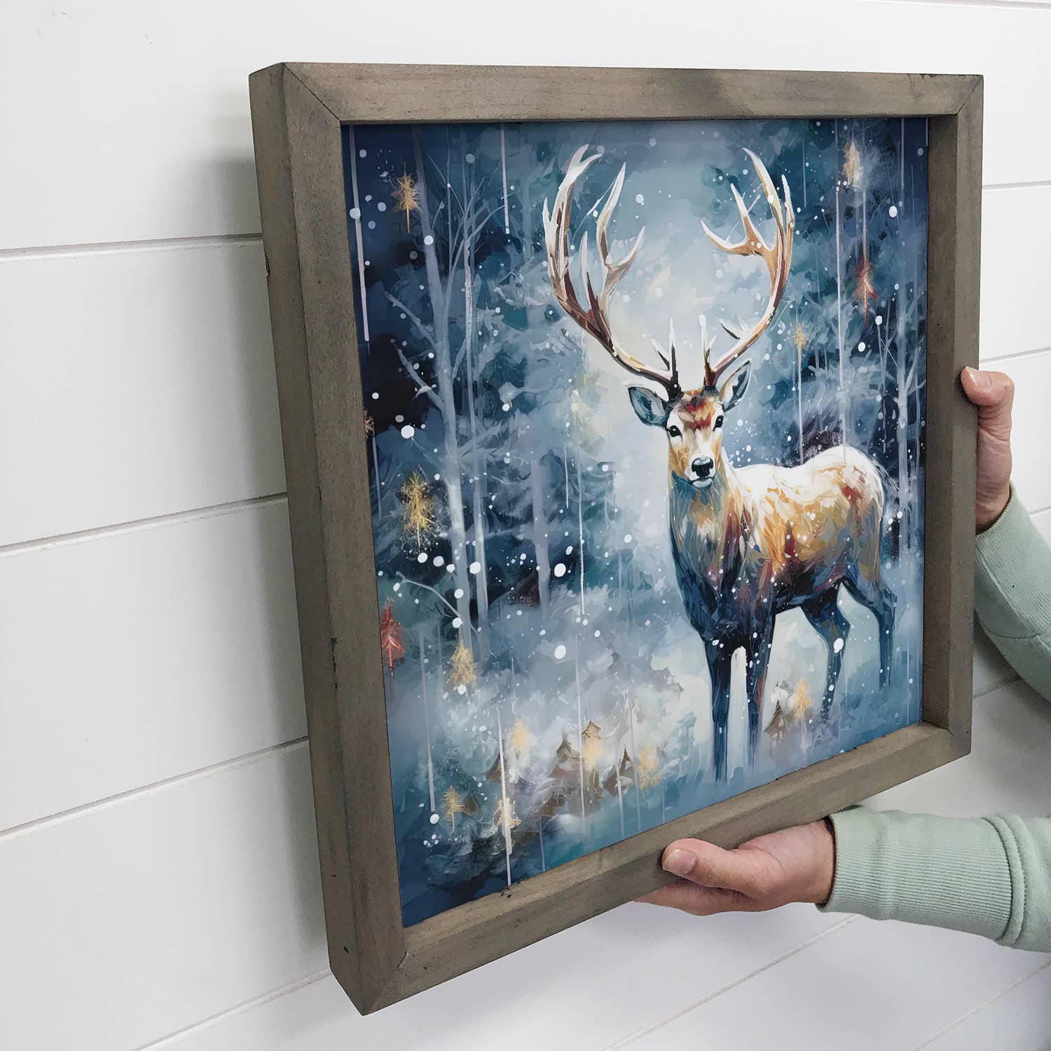 Reindeer in Blue Forest - Deer Canvas Art - Wood Framed Art