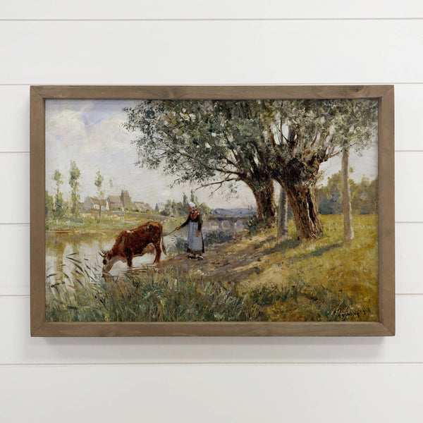 Cow with Milkmaid Painting - Farmhouse Wall Art - Framed Art