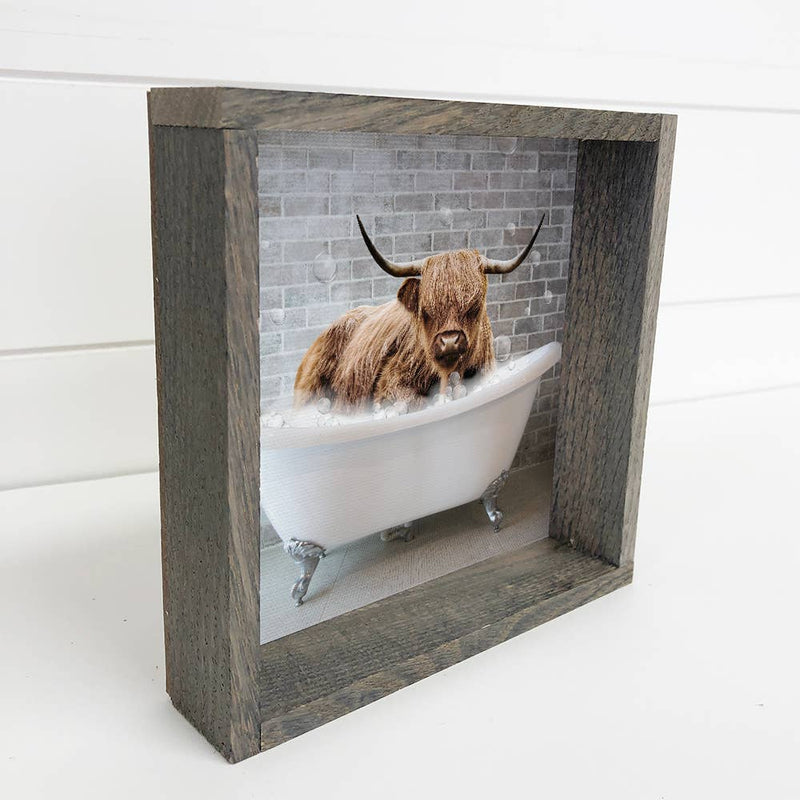 Highland Cow in a Bubble Bath Canvas & Wood Sign