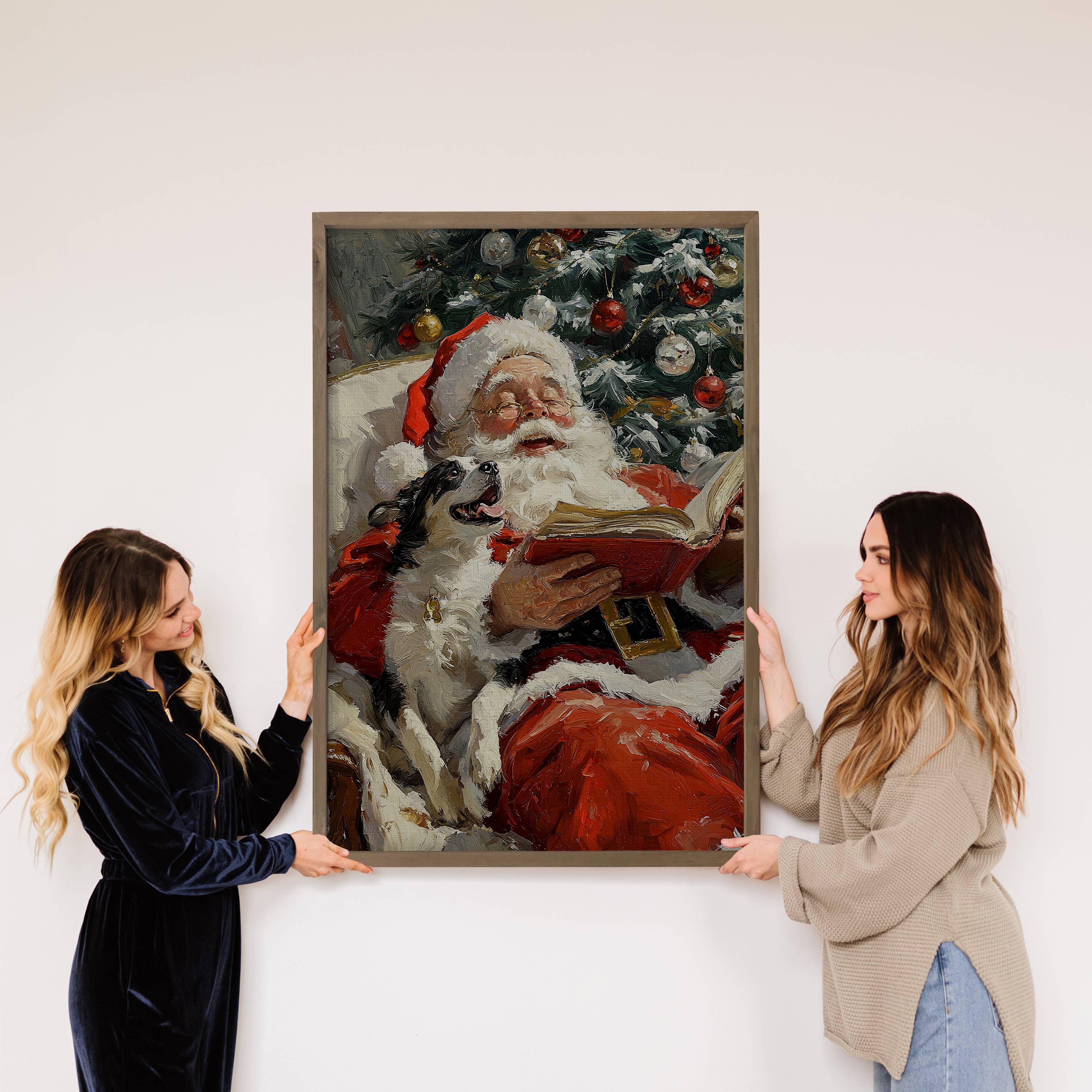 Santa Reading with Dog - Santa Canvas Art - Wood Framed Art