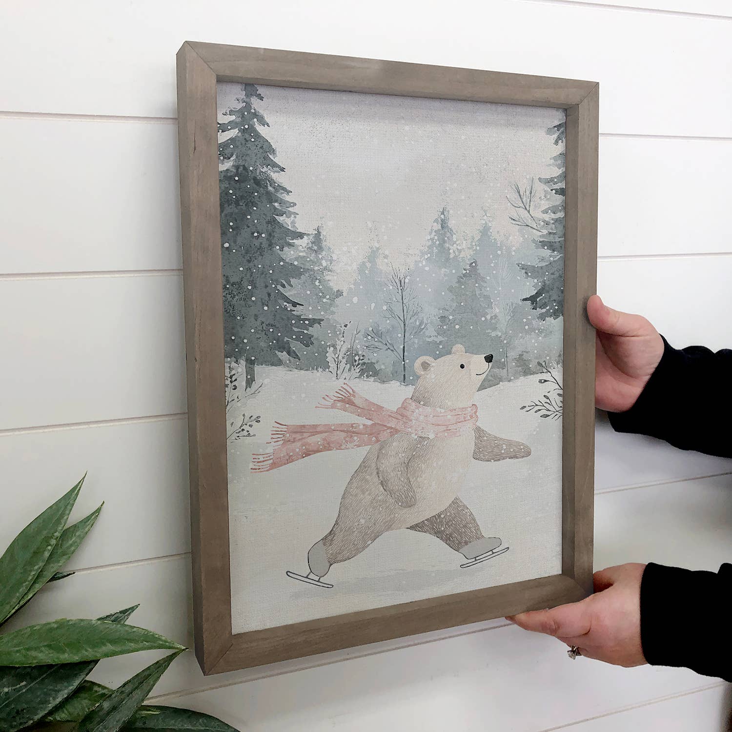 Ice Skating Bear - Cute Winter Animal Canvas Art - Framed