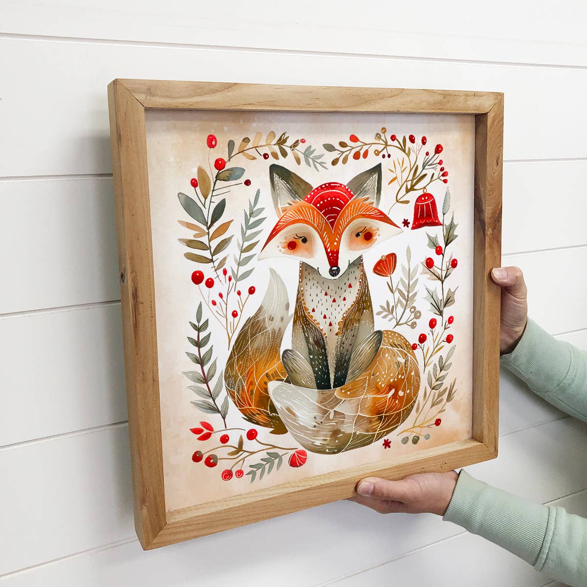 Scandi Watercolor Cute Fox - Fox Canvas Art - Wood Framed
