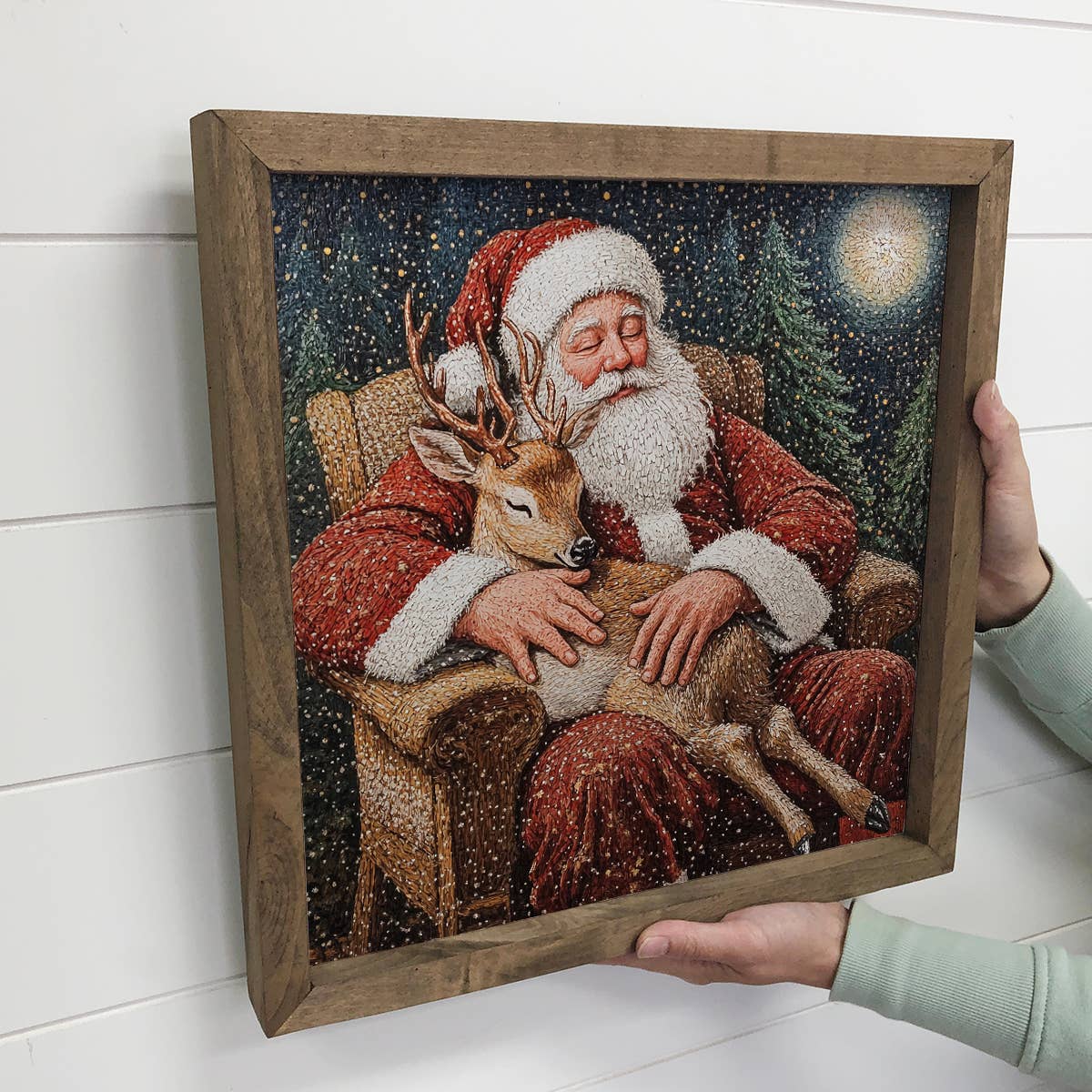 Sleepy Santa with Reindeer - Santa Canvas Art - Wood Framed