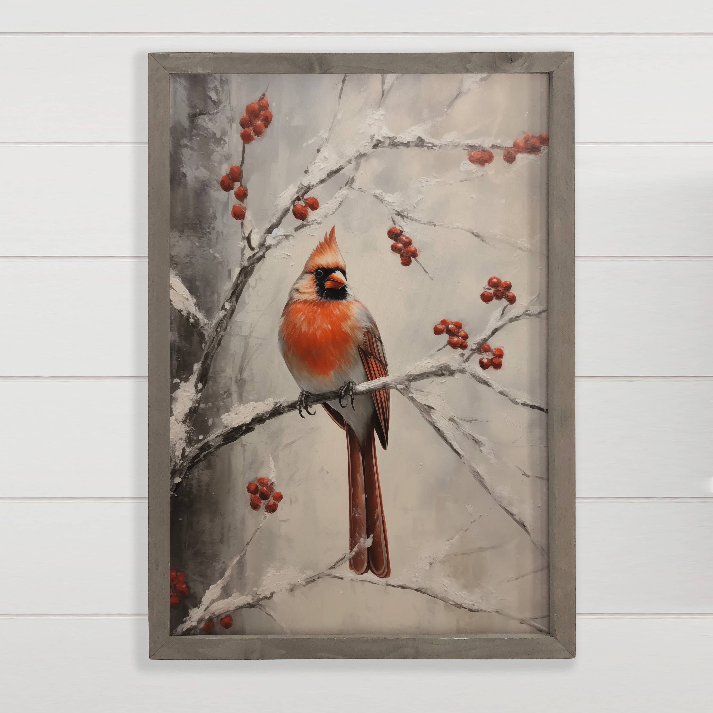 Cardinal in Snow Painting - Wildlife Canvas Art - Wood Frame