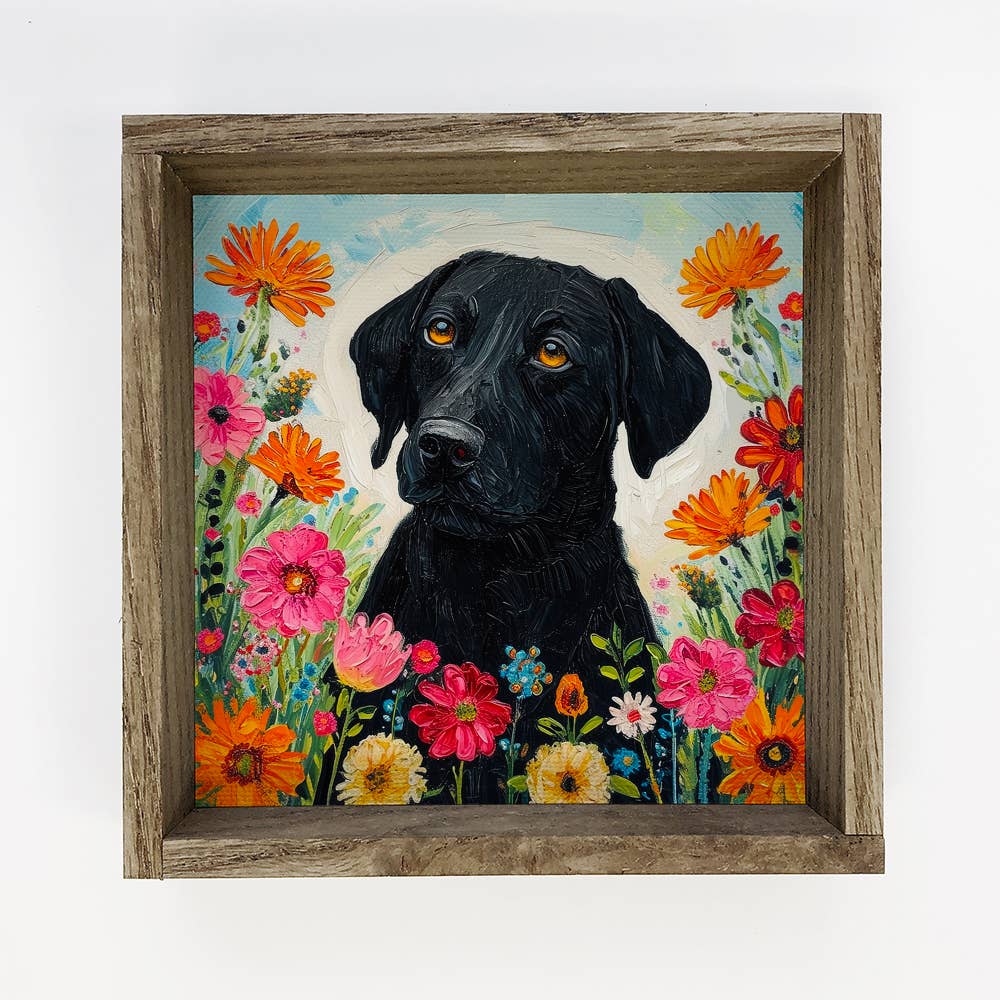 Black Lab in Wildflowers - Dog Canvas Art - Wood Framed Art