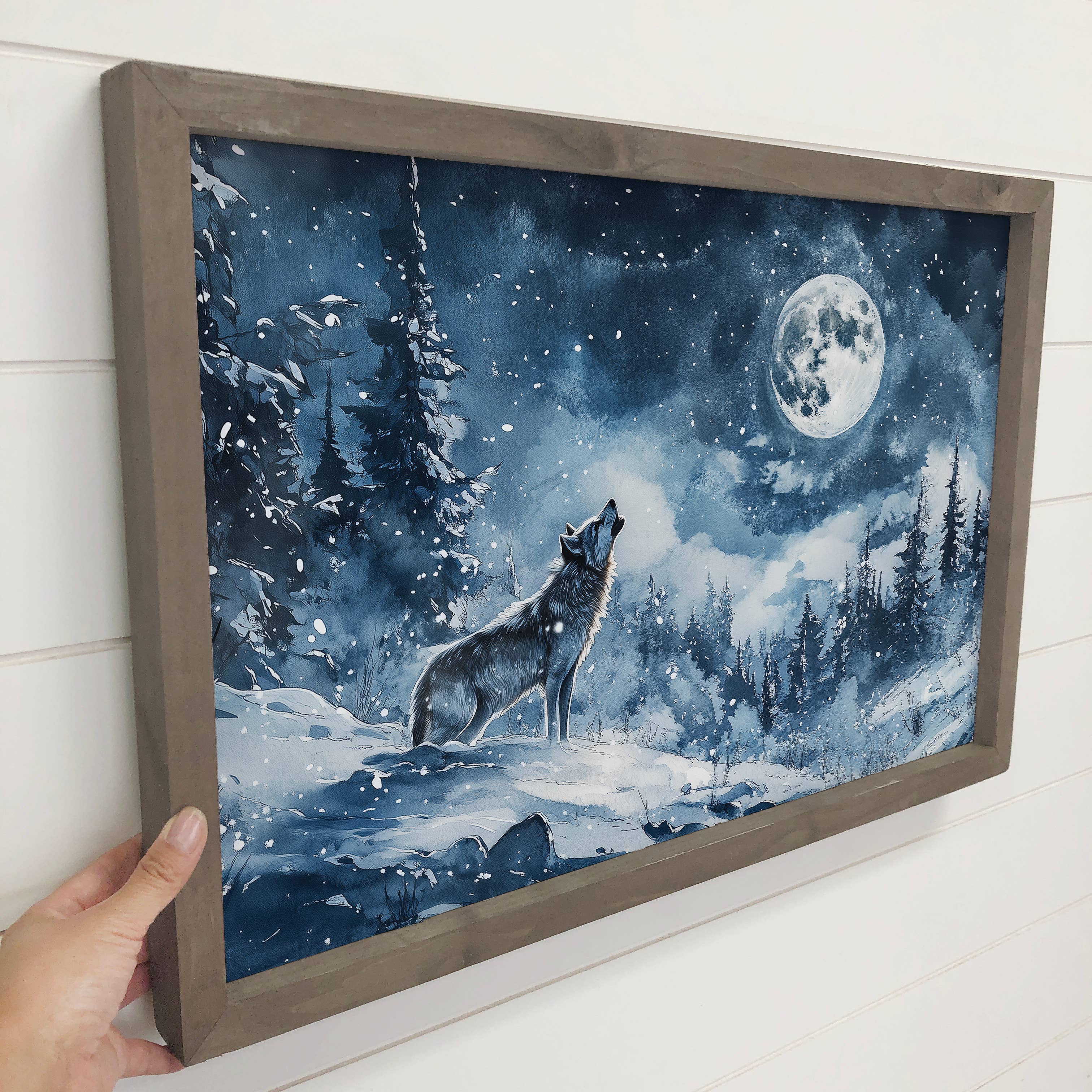 Wolf Howling Moonlight Snow - Wolf Canvas Art - Wood Framed