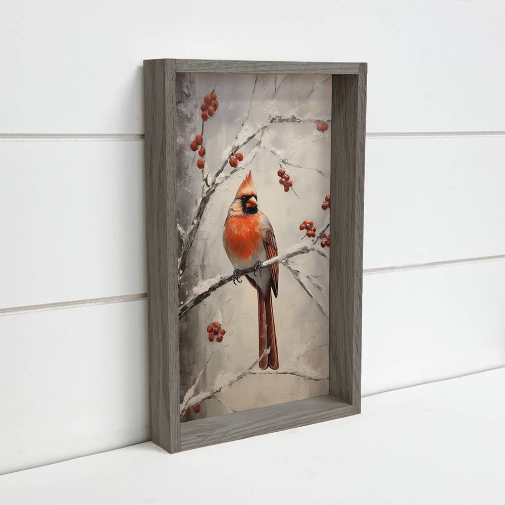 Cardinal in Snow Painting - Wildlife Canvas Art - Wood Frame
