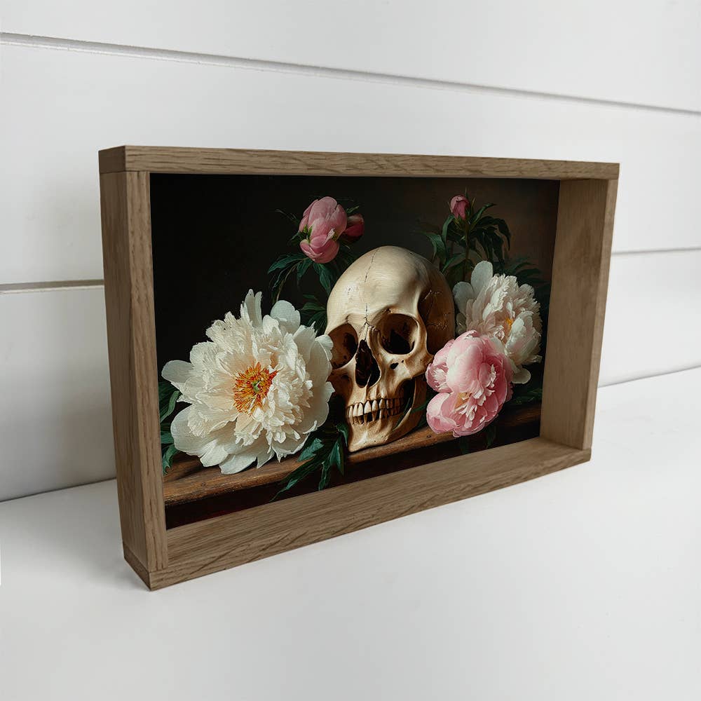 Skull with White & Pink Peonies - Skull and Flower Wall Art