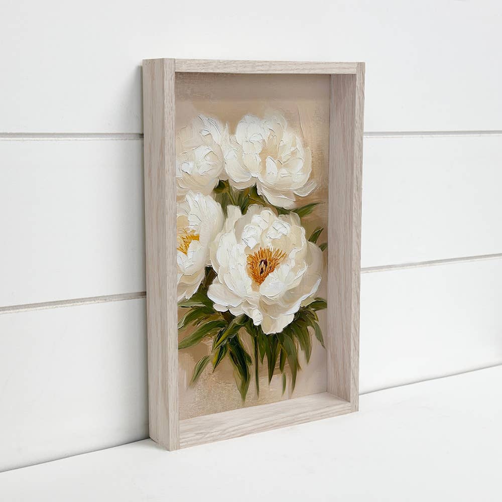 White Peonies Impressionist - Flower Canvas Art - Wood Frame