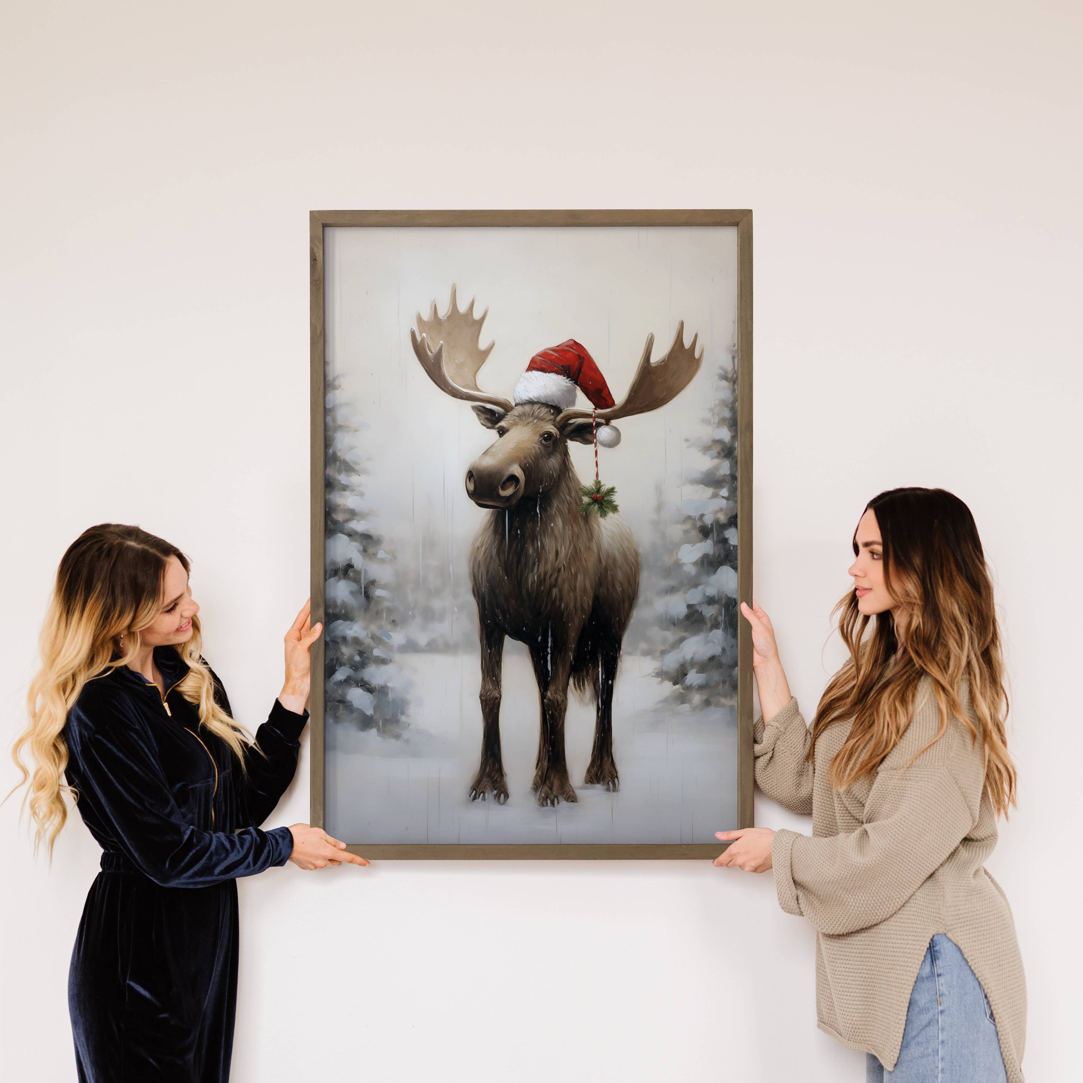 Christmas Moose Santa Hat - Animal Christmas Canvas Art