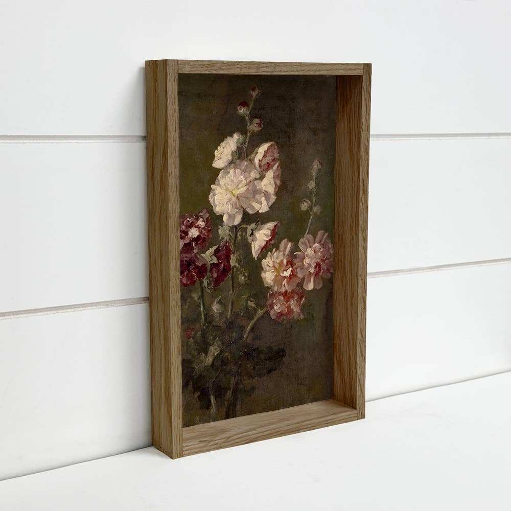 Vintage Hollyhocks - Flower Canvas Art - Wood Framed Art