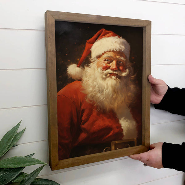 Santa Dark Portrait - Holiday Canvas Art - Wood Framed Decor