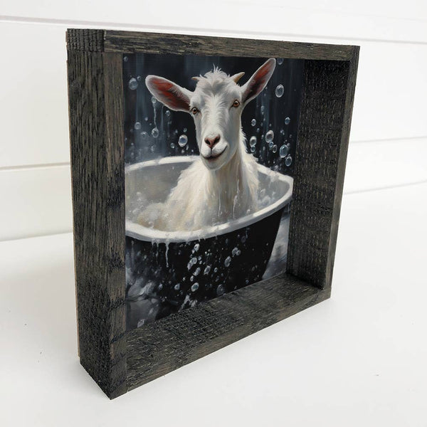 Goat In a Bubble Bath - Cute Wood Framed Art - Animals Decor