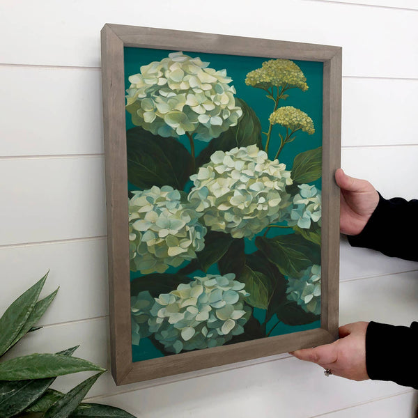 Teal Hydrangeas - Flower Canvas Art - Wood Framed Floral Art
