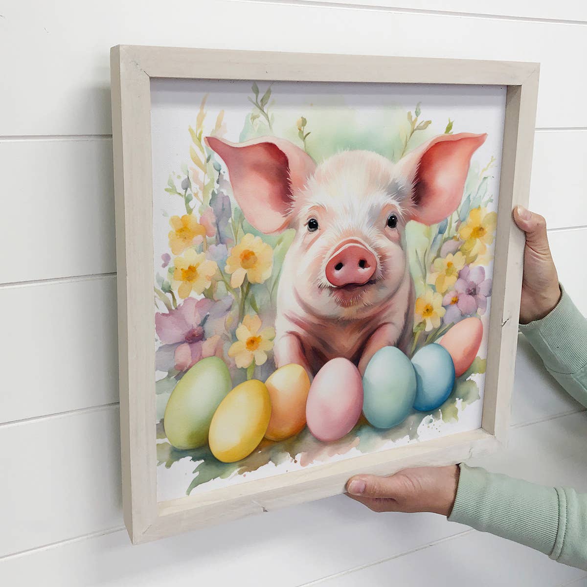 Easter Eggs Pig - Springtime Piggy Canvas Art - Wood Framed