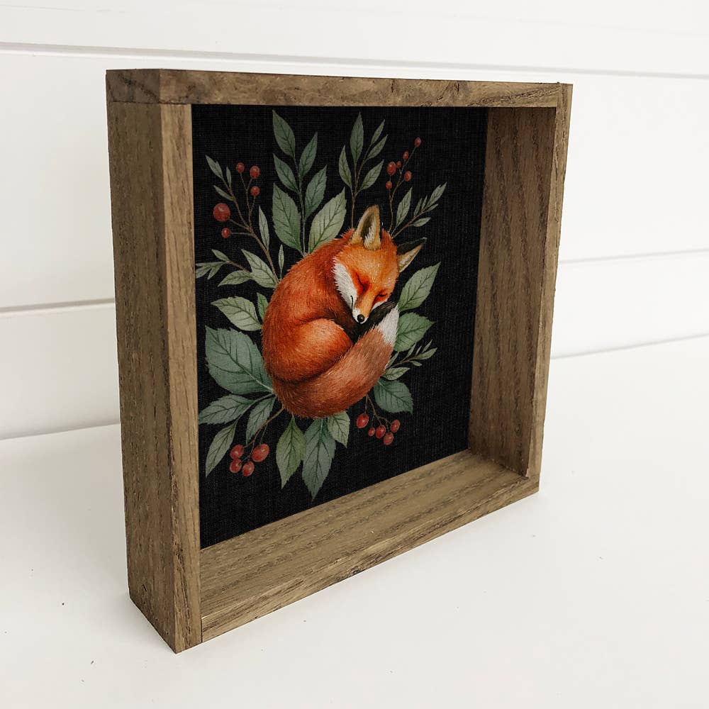 Sleeping Fox Woodland Berries - Cute Fox Canvas Art - Framed