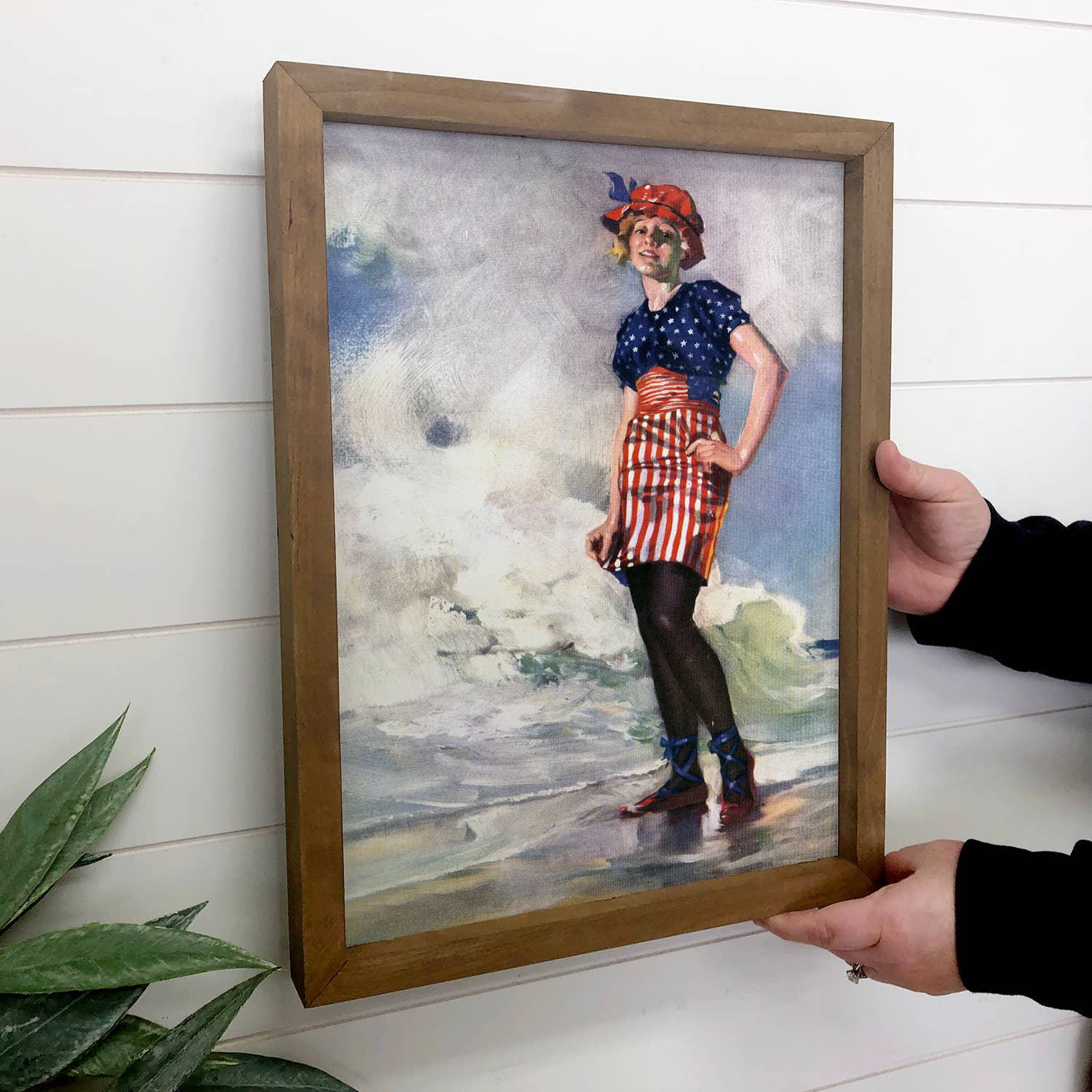 Vintage Flag Girl - Vintage Patriotic Canvas Art - Framed