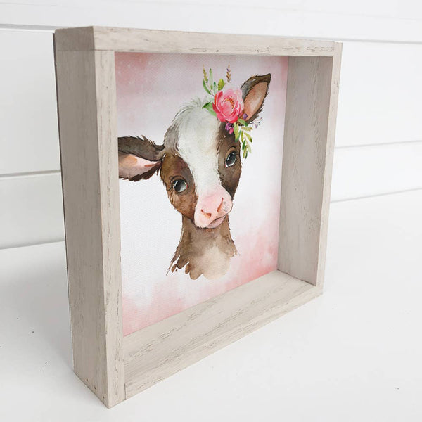 Little Girl Cow Watercolor Small Whitewash Framed Decor