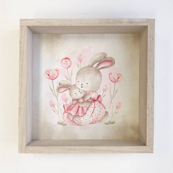Nursery Print- Mama and Baby Bunny Pink Canvas and Frame