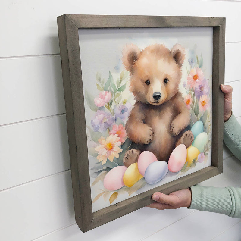 Easter Egg Bear - Cute Bear Easter Canvas Art - Wood Framed