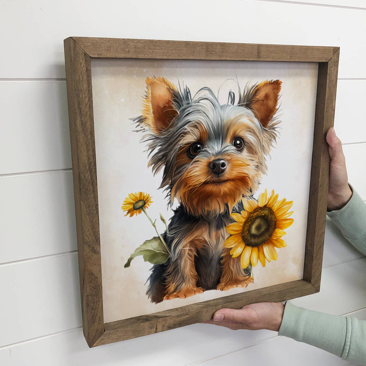 Sunflower Yorkie - Cute Puppies and Flowers - Fall Wall Art