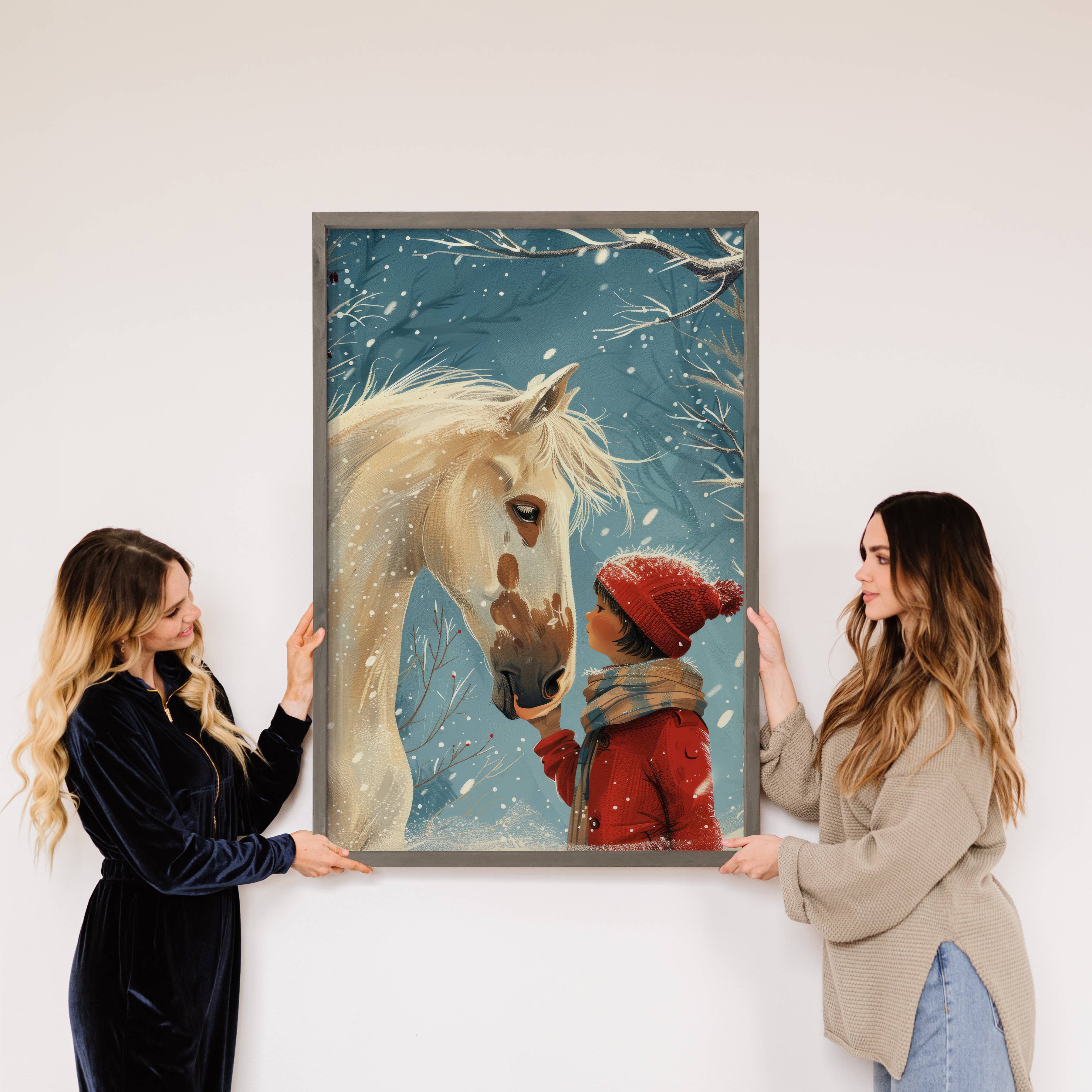 Snowy Horse and Girl - Winter Ranch House Canvas Art