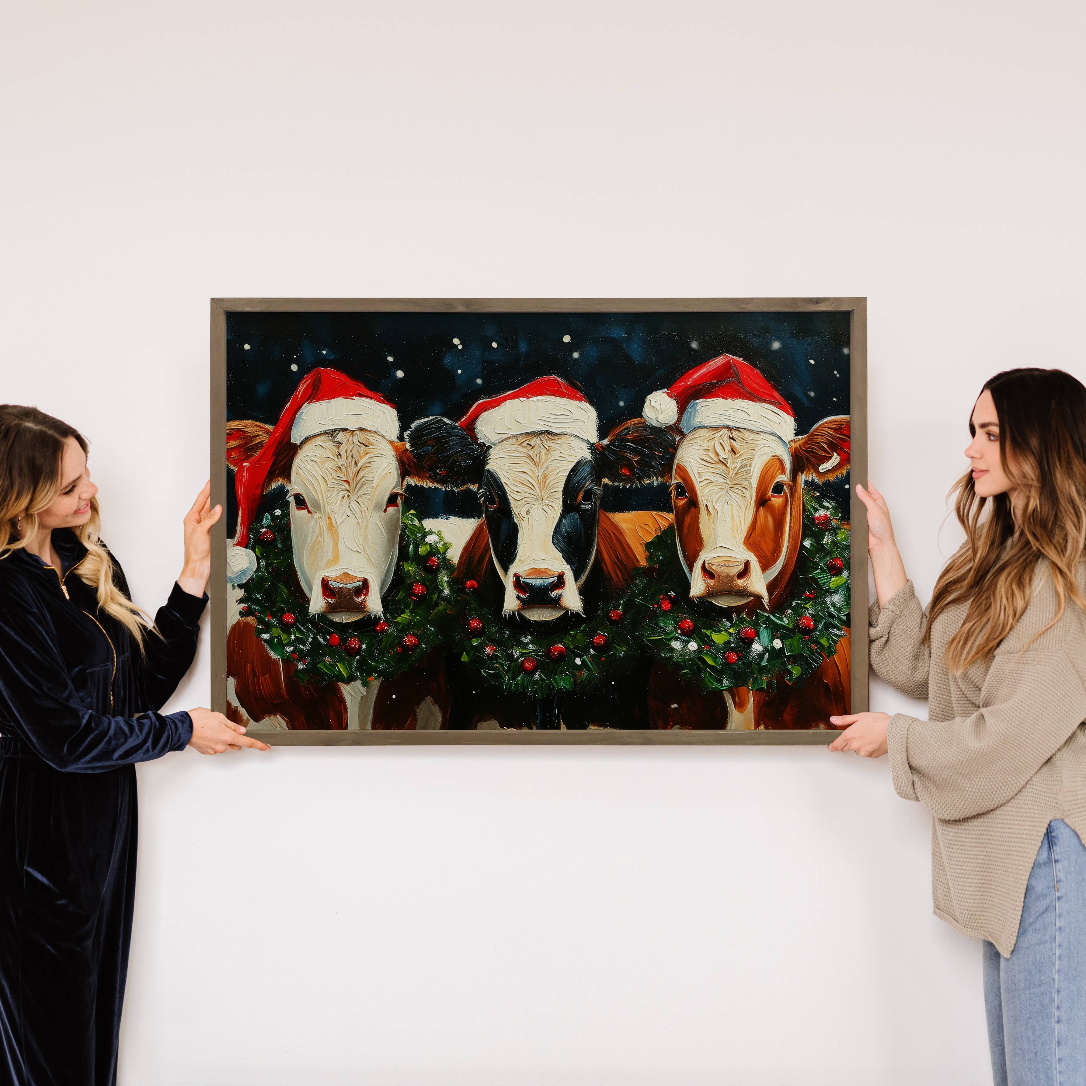 Three Christmas Cows - Christmas Canvas Art - Wood Framed