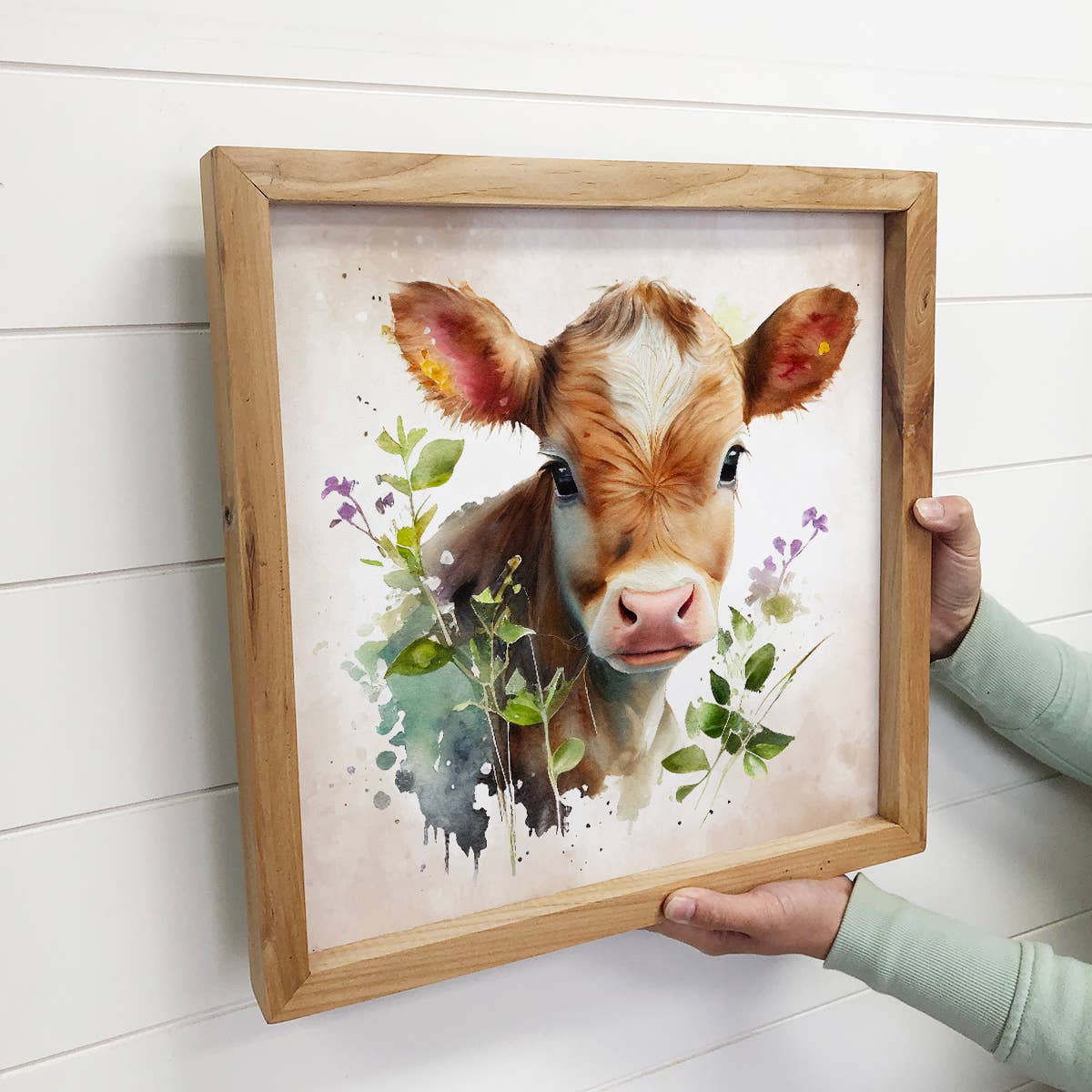 Brown Cow with Flowers - Farmhouse Nursery - Wood Frame