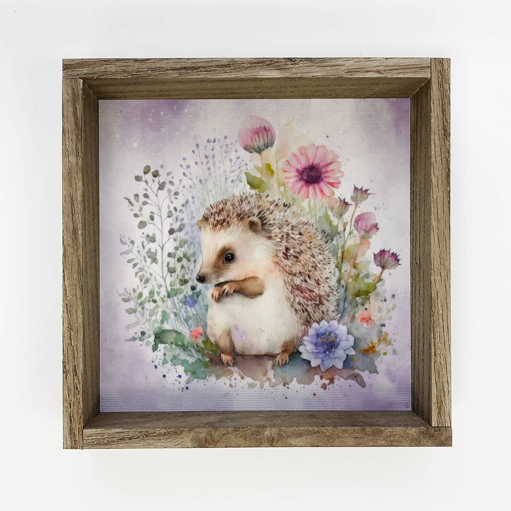 Hedgehog in the Flowers - Framed Purple Woodland Home Decor