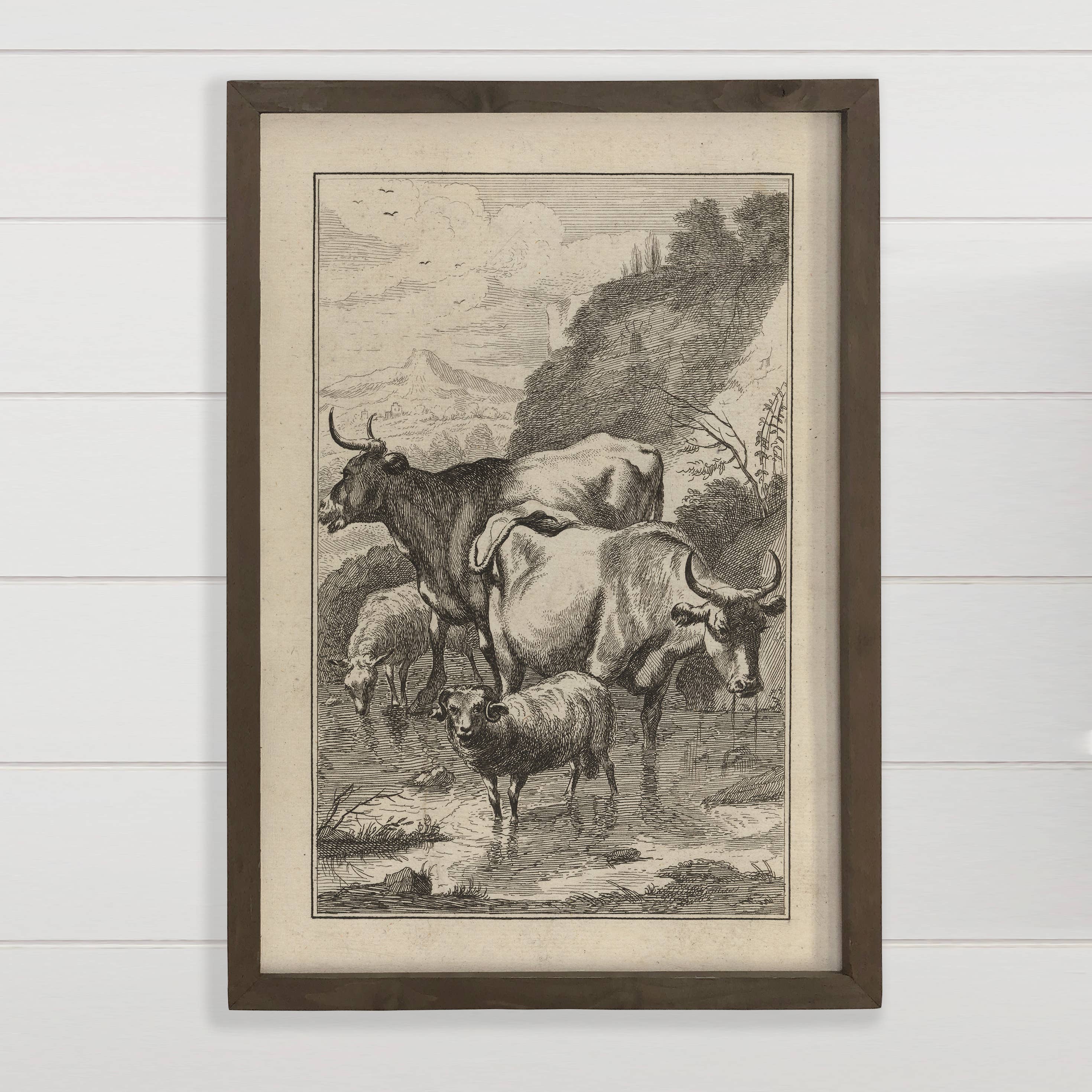 Cows and Mountain Sheep Sketch - Farmhouse Canvas Art