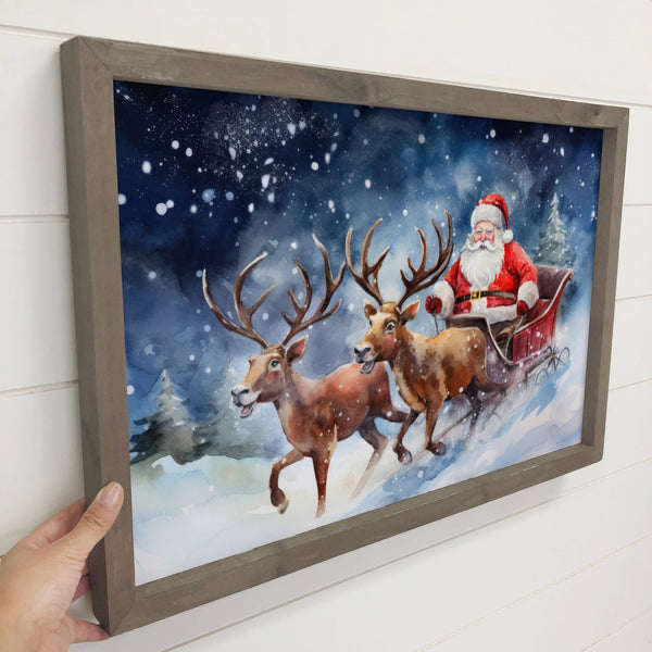 Santa Sleigh and Reindeer - Holiday Canvas Art - Wood Framed