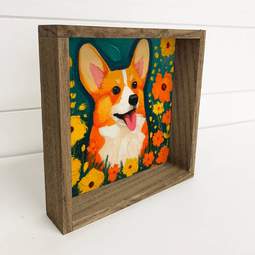 Corgi with Orange Flowers - Dog and Flowers Canvas Art