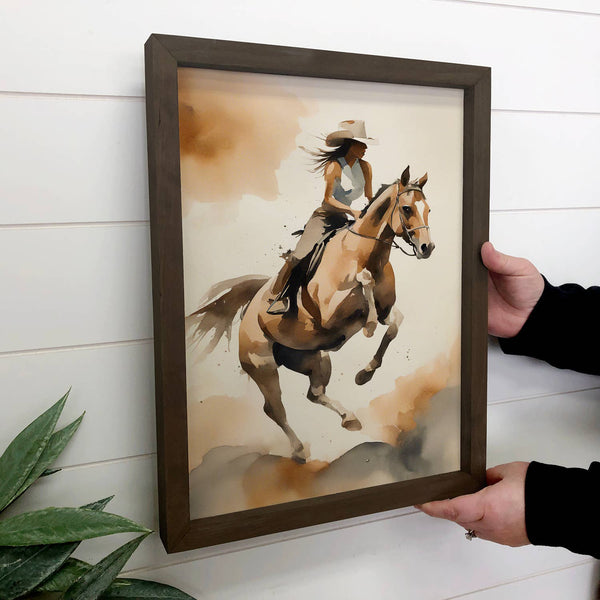 Cowgirl Riding High - Ranch House Canvas Art - Wood Framed
