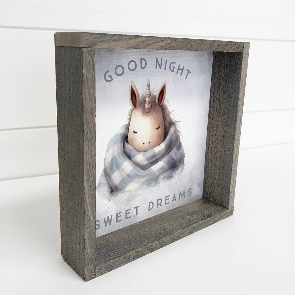 Good Night Unicorn in Blanket - Cute Animal Nursery Wall Art