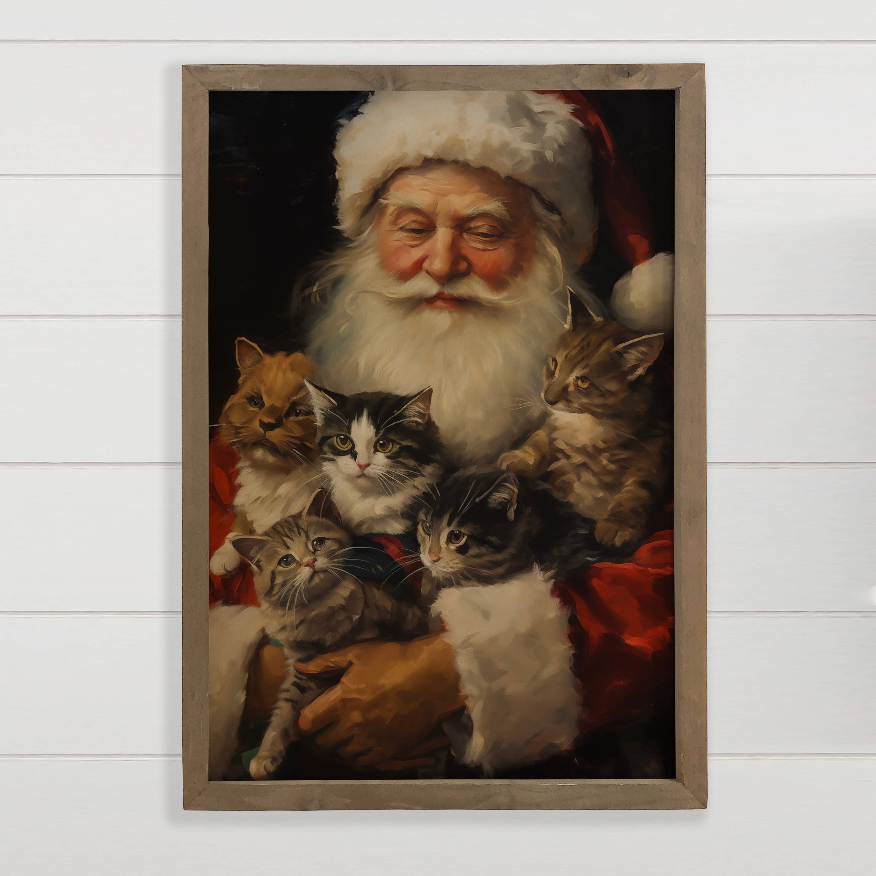 Santa Claus and Cats - Santa Canvas Art - Wood Framed Art